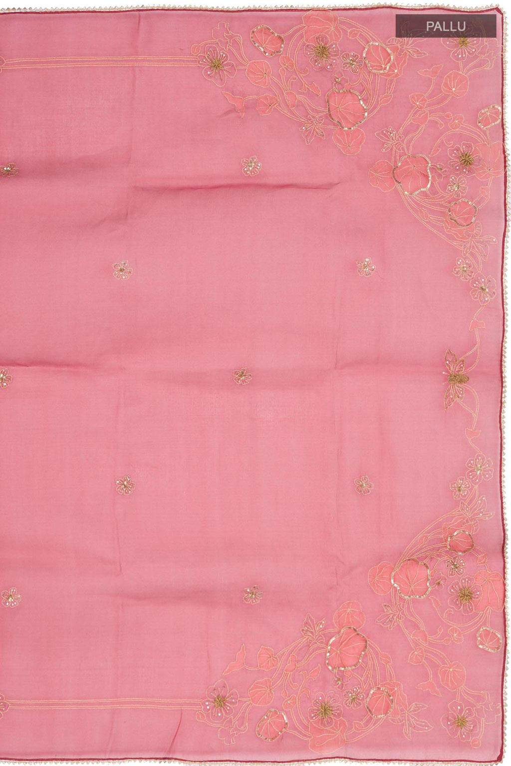 Close up image of the pallu of Maroon Organza Silk Saree with Embroidery on the body and Embroidery Border