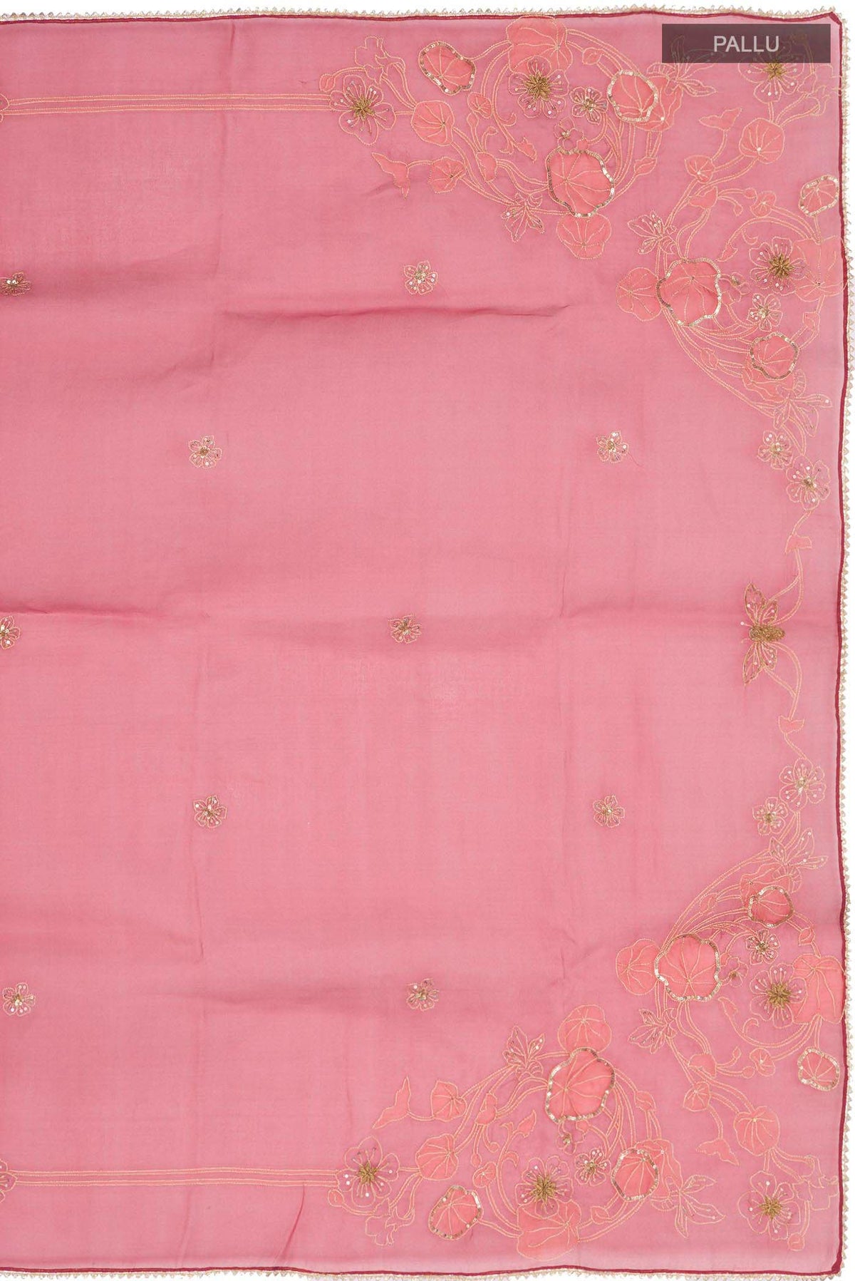 Close up image of the pallu of Maroon Organza Silk Saree with Embroidery on the body and Embroidery Border
