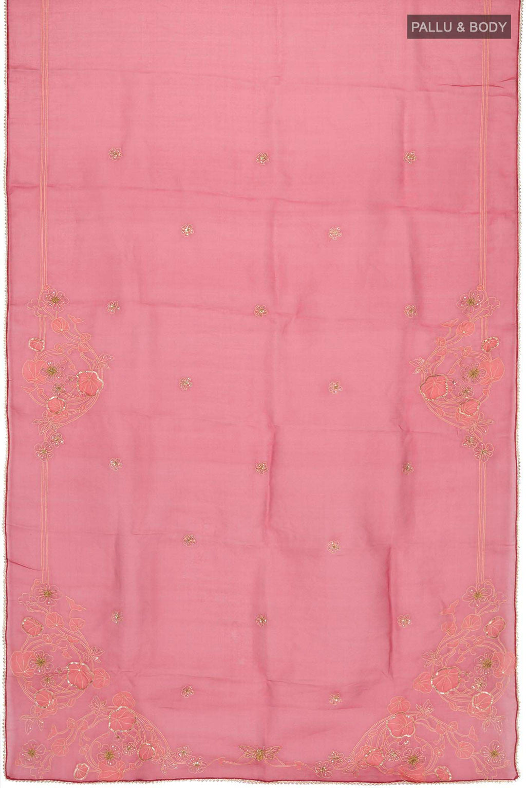 Flat view of Maroon Organza Silk Saree with Embroidery on the body and Embroidery Border