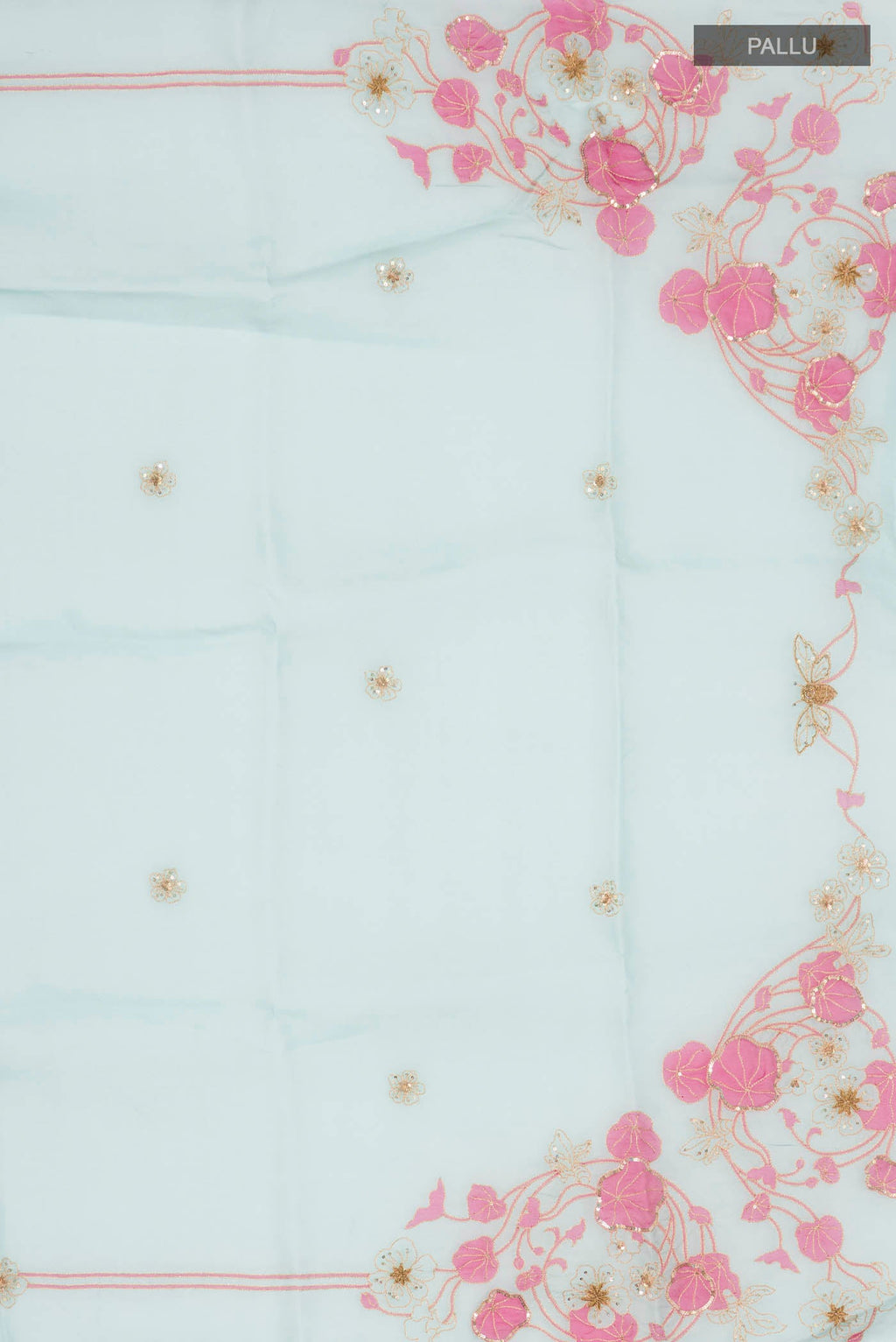 Close up image of the pallu of Green Organza Silk Saree with Plain Body and Embroidery Border