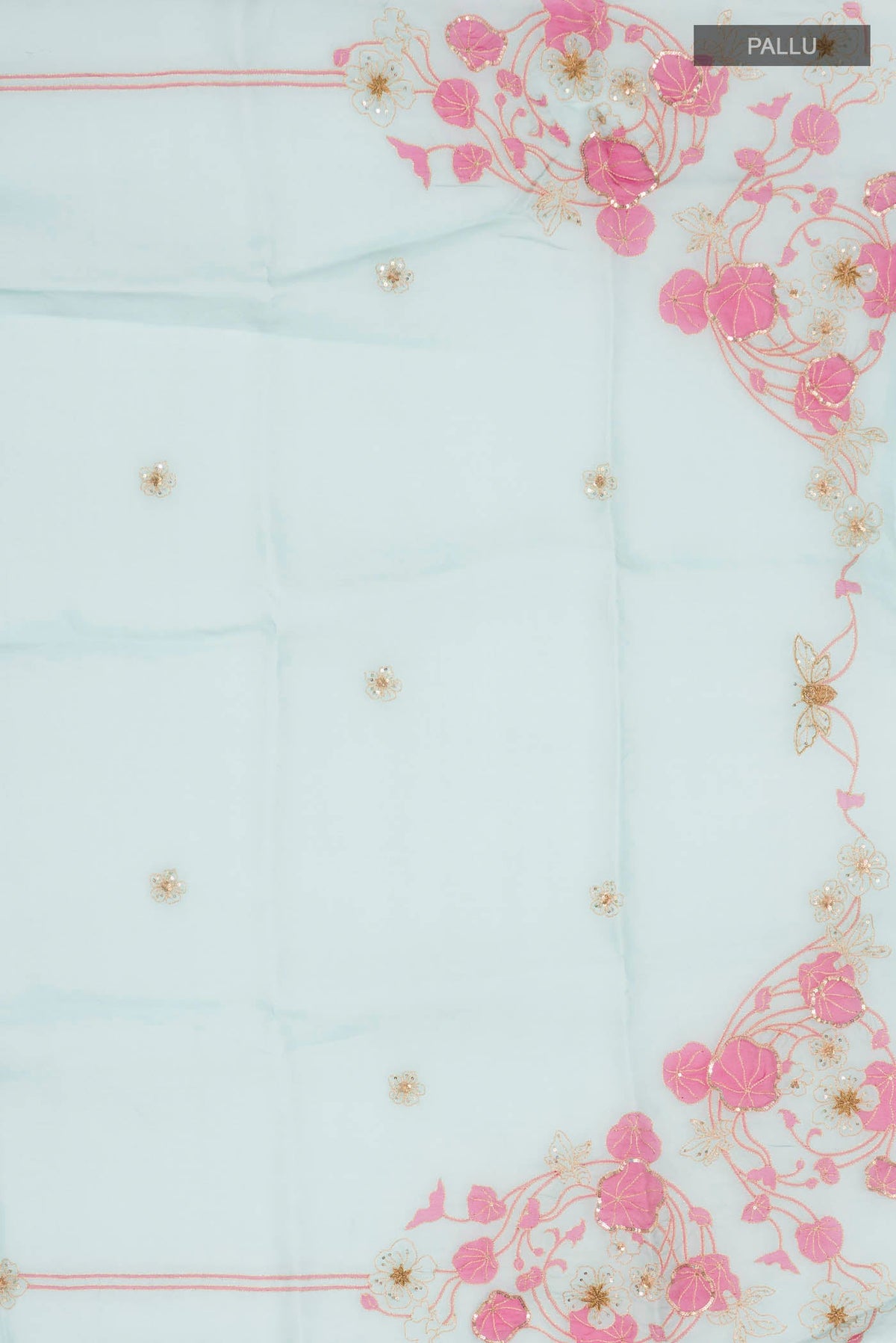Close up image of the pallu of Green Organza Silk Saree with Plain Body and Embroidery Border