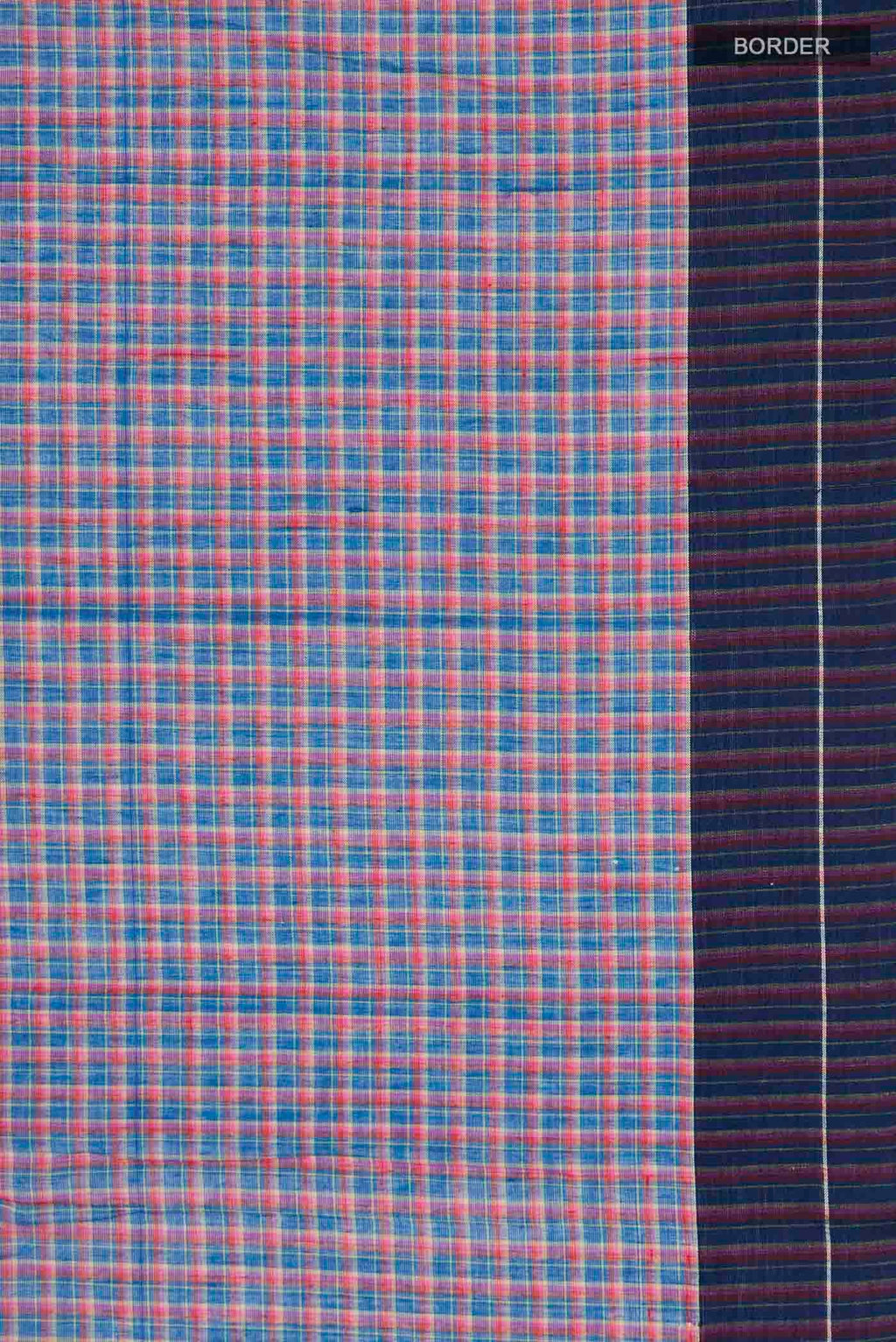 Border image of Patang features fine multi-coloured checks woven using four harmonious hues, creating a lively yet balanced design Translating to ?te)n Hindi, the saree reflects the light, easy spirit of a patang gliding across an open sky The border and pallu are minimal, finished with delicate zari accents that add subtle richness With its balanced play of colour, it makes for a breathable, comfortable drape