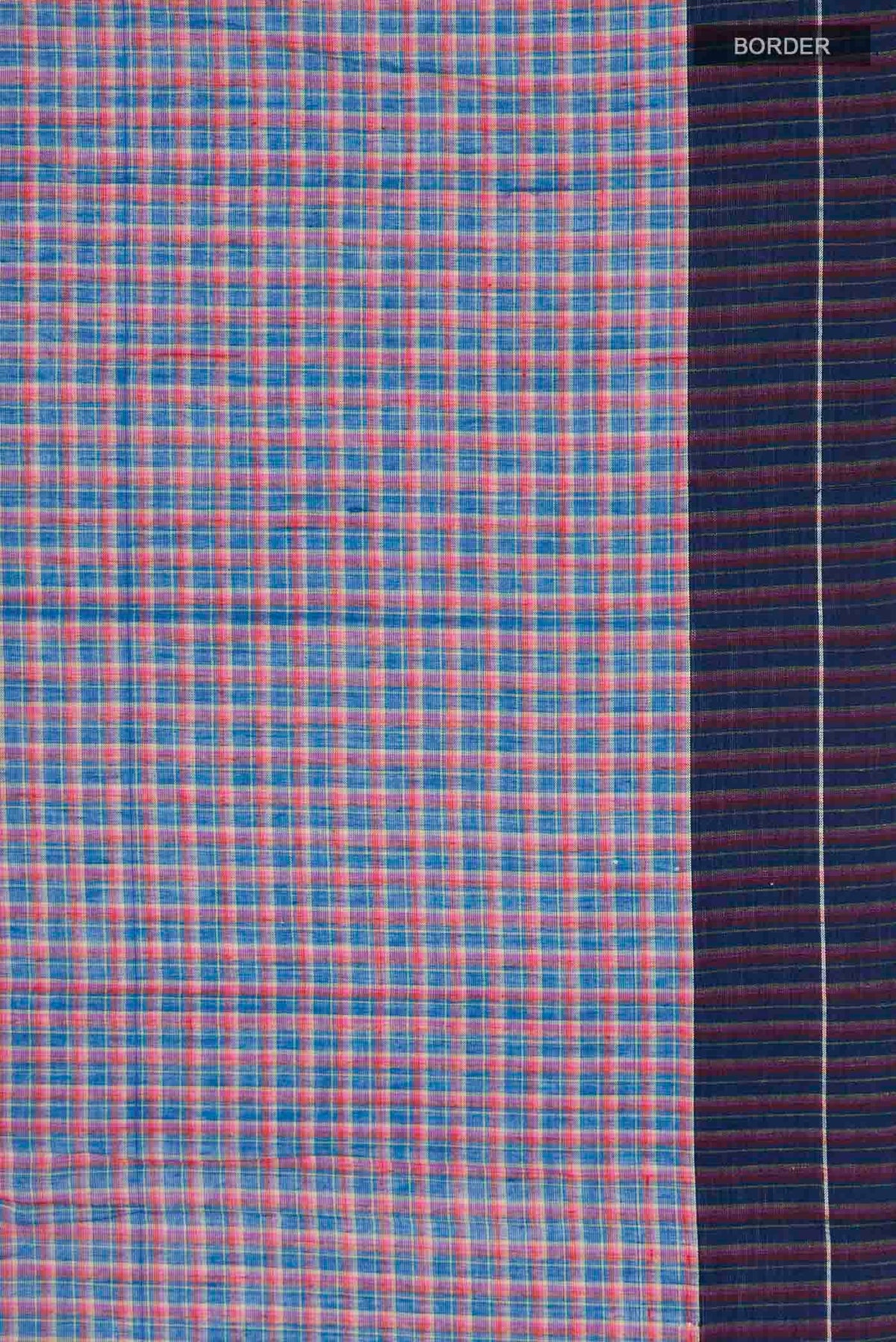 Border image of Patang features fine multi-coloured checks woven using four harmonious hues, creating a lively yet balanced design Translating to ?te)n Hindi, the saree reflects the light, easy spirit of a patang gliding across an open sky The border and pallu are minimal, finished with delicate zari accents that add subtle richness With its balanced play of colour, it makes for a breathable, comfortable drape