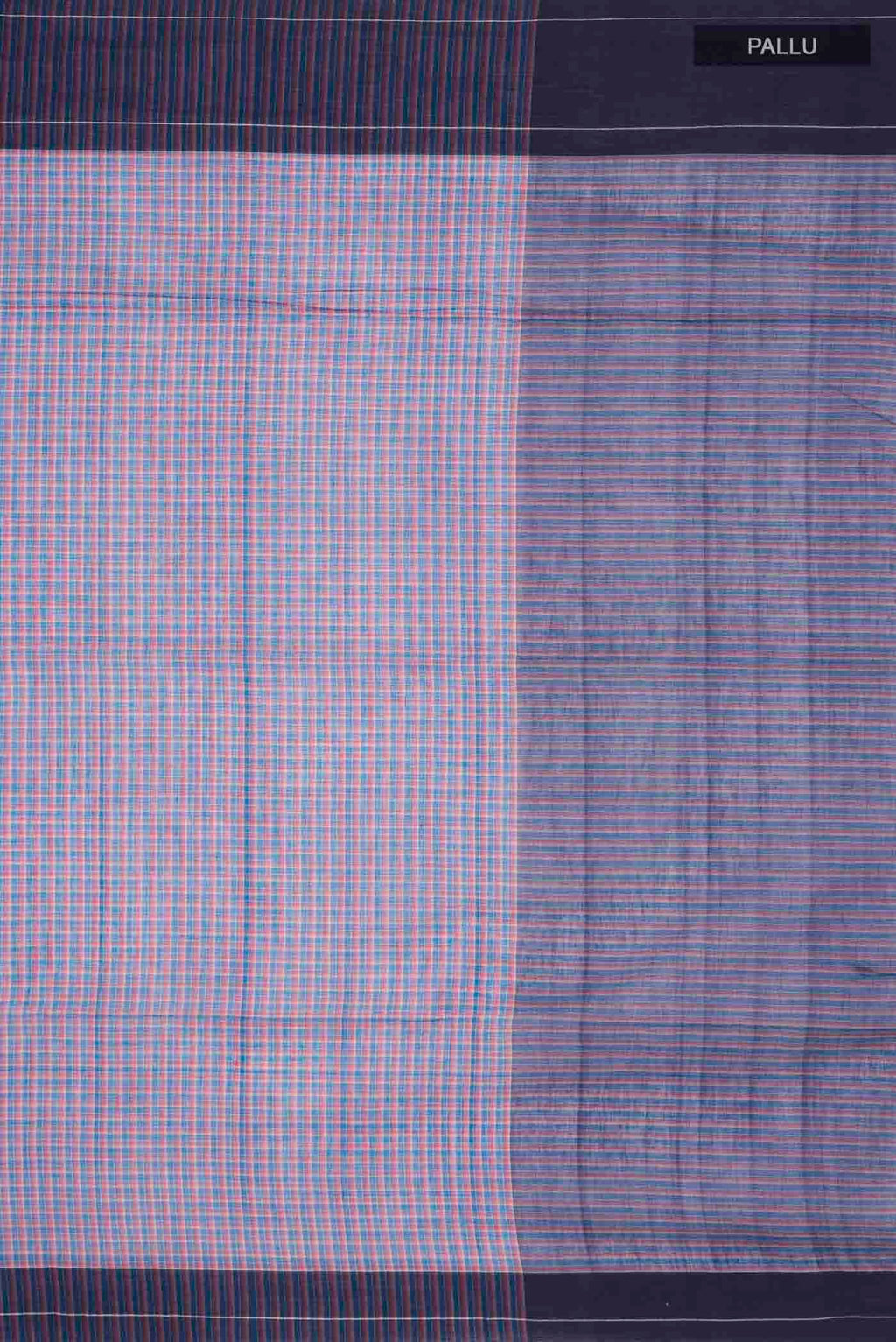 Close up image of the pallu of Patang features fine multi-coloured checks woven using four harmonious hues, creating a lively yet balanced design Translating to ?te)n Hindi, the saree reflects the light, easy spirit of a patang gliding across an open sky The border and pallu are minimal, finished with delicate zari accents that add subtle richness With its balanced play of colour, it makes for a breathable, comfortable drape