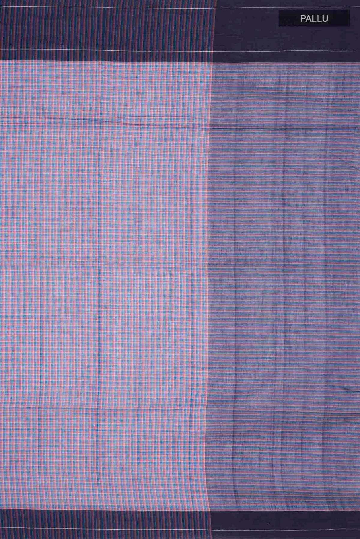 Close up image of the pallu of Patang features fine multi-coloured checks woven using four harmonious hues, creating a lively yet balanced design Translating to ?te)n Hindi, the saree reflects the light, easy spirit of a patang gliding across an open sky The border and pallu are minimal, finished with delicate zari accents that add subtle richness With its balanced play of colour, it makes for a breathable, comfortable drape