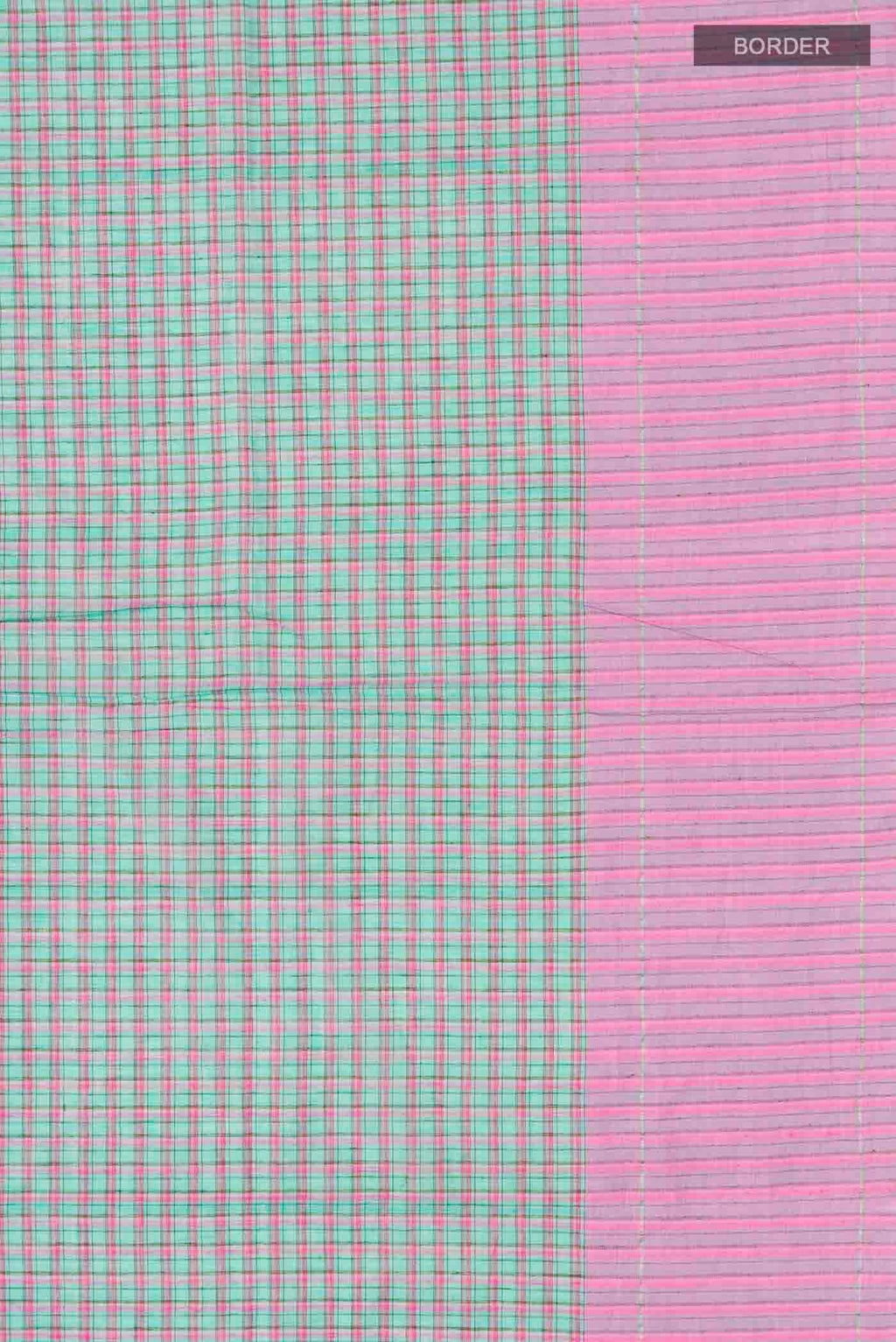 Border image of Patang features fine multi-coloured checks woven using four harmonious hues, creating a lively yet balanced design Translating to ?te)n Hindi, the saree reflects the light, easy spirit of a patang gliding across an open sky The border and pallu are minimal, finished with delicate zari accents that add subtle richness With its balanced play of colour, it makes for a breathable, comfortable drape