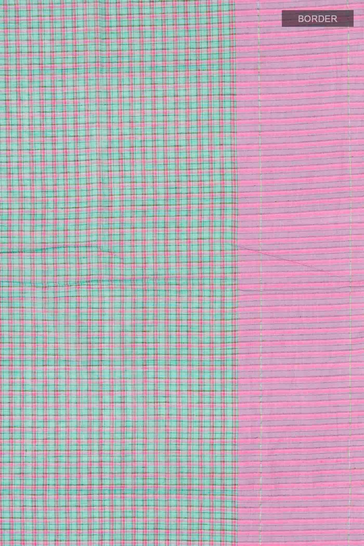 Border image of Patang features fine multi-coloured checks woven using four harmonious hues, creating a lively yet balanced design Translating to ?te)n Hindi, the saree reflects the light, easy spirit of a patang gliding across an open sky The border and pallu are minimal, finished with delicate zari accents that add subtle richness With its balanced play of colour, it makes for a breathable, comfortable drape