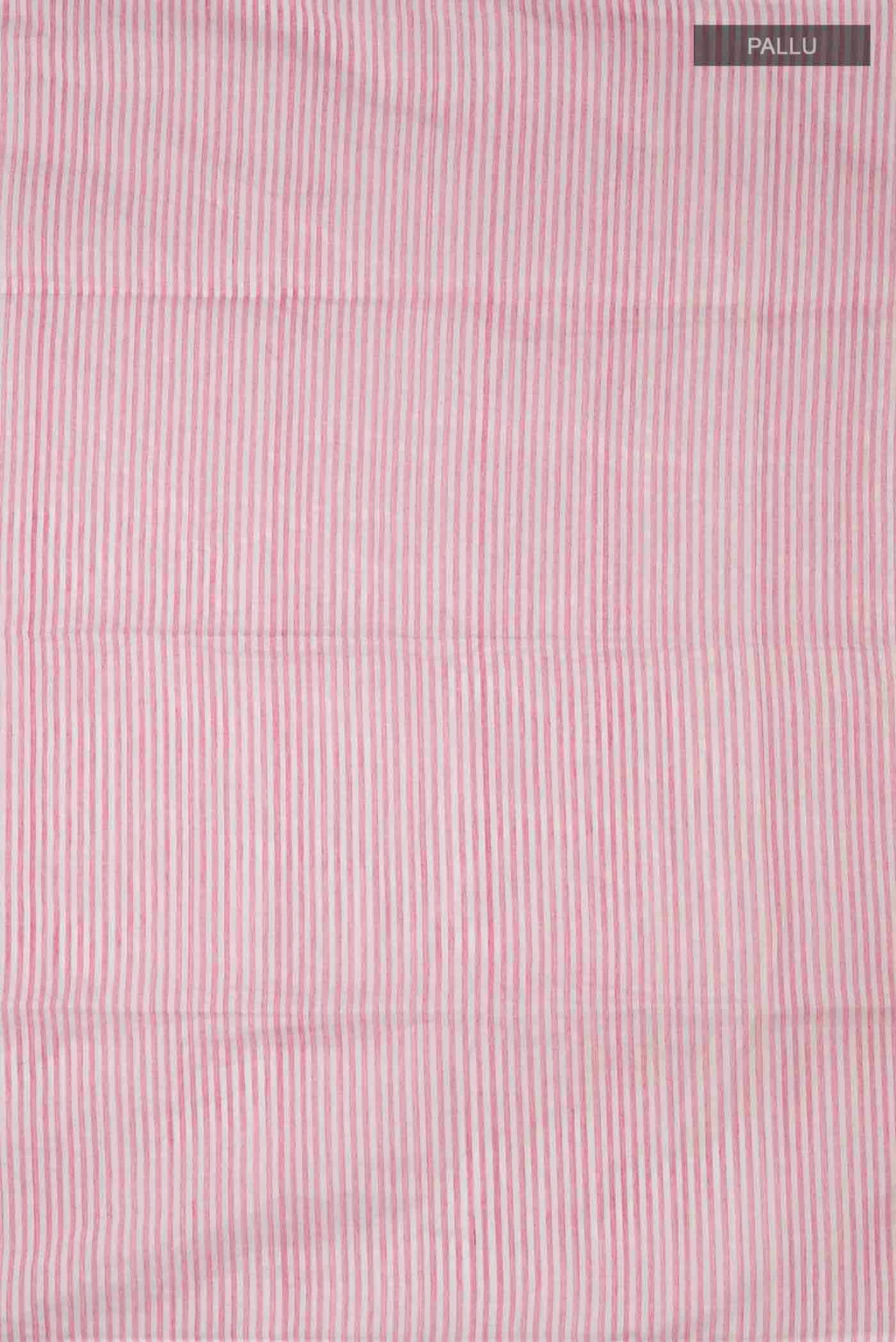 Close up image of the pallu of Mogra is designed to feel light and effortless Its muted pastels draw from the soft, fragrant bloom of jasmine, mogra, giving the saree its name Intentional colour-blocking lends it a distinct presence, while contrasting panels shape the pleats and pallu with quiet structure Fine vertical stripes add subtle detail, and silver zari stripes on the pallu offer a gentle, radiant highlight