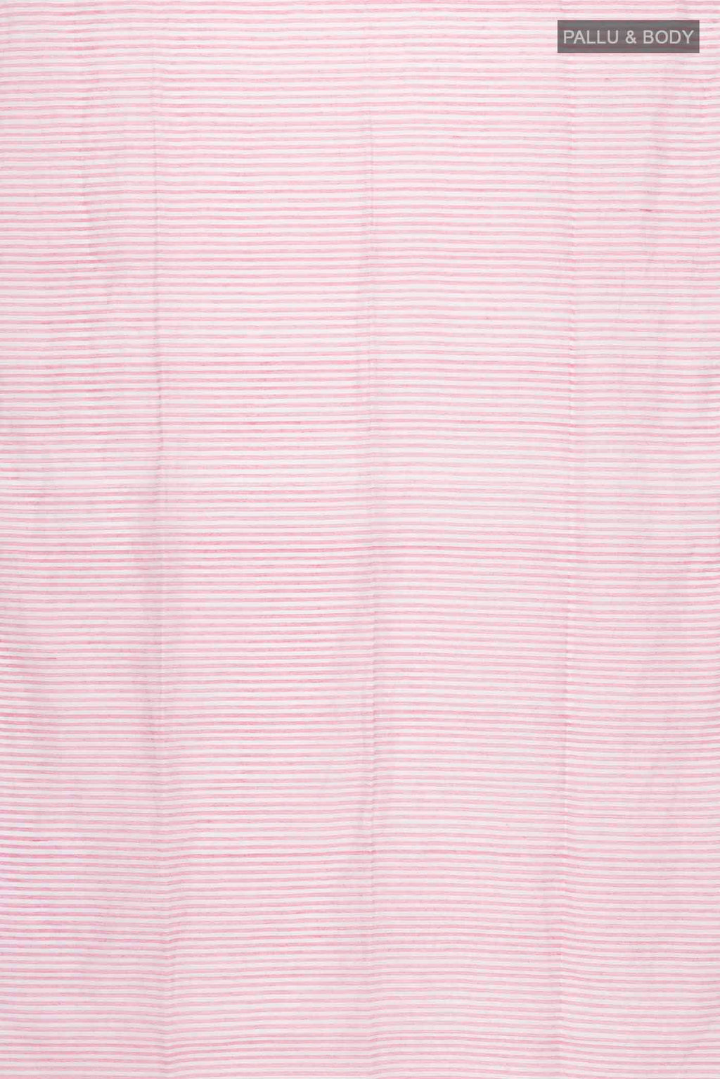Flat view of Mogra is designed to feel light and effortless Its muted pastels draw from the soft, fragrant bloom of jasmine, mogra, giving the saree its name Intentional colour-blocking lends it a distinct presence, while contrasting panels shape the pleats and pallu with quiet structure Fine vertical stripes add subtle detail, and silver zari stripes on the pallu offer a gentle, radiant highlight