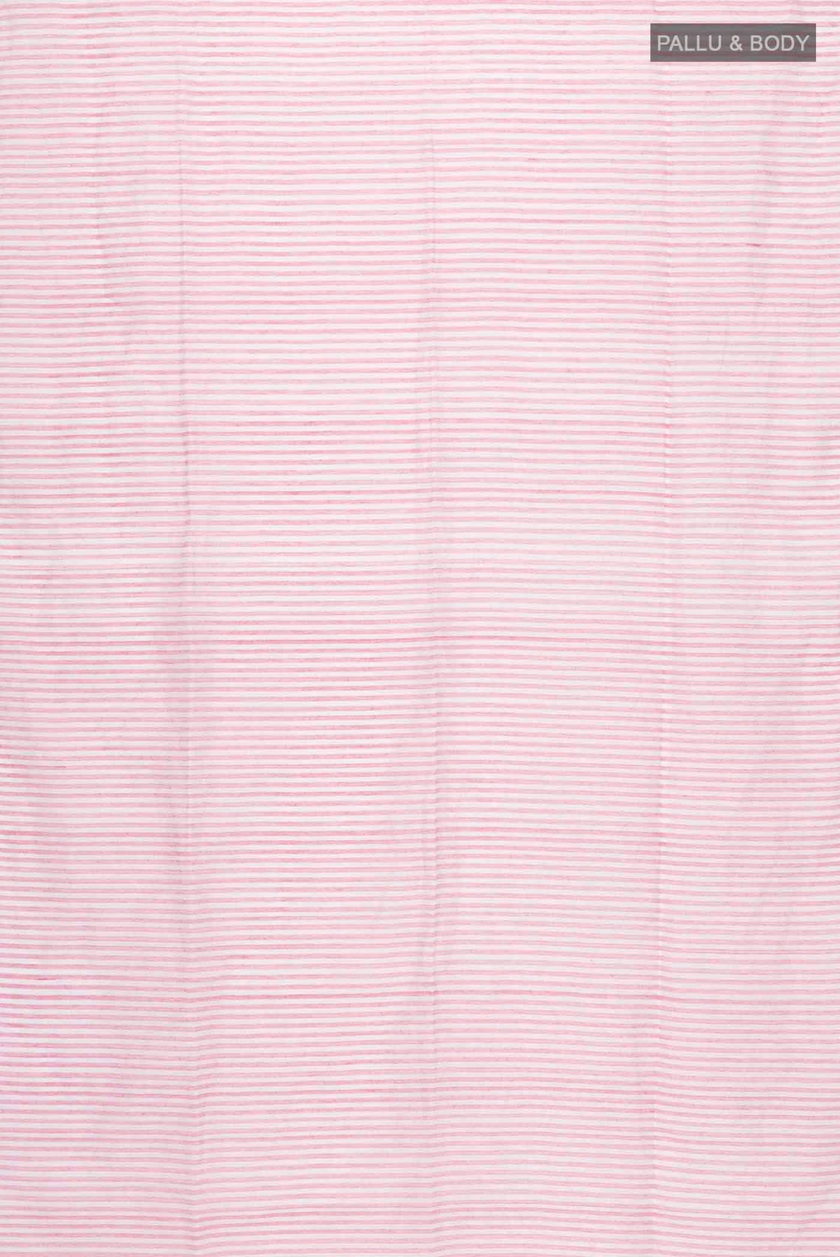Flat view of Mogra is designed to feel light and effortless Its muted pastels draw from the soft, fragrant bloom of jasmine, mogra, giving the saree its name Intentional colour-blocking lends it a distinct presence, while contrasting panels shape the pleats and pallu with quiet structure Fine vertical stripes add subtle detail, and silver zari stripes on the pallu offer a gentle, radiant highlight