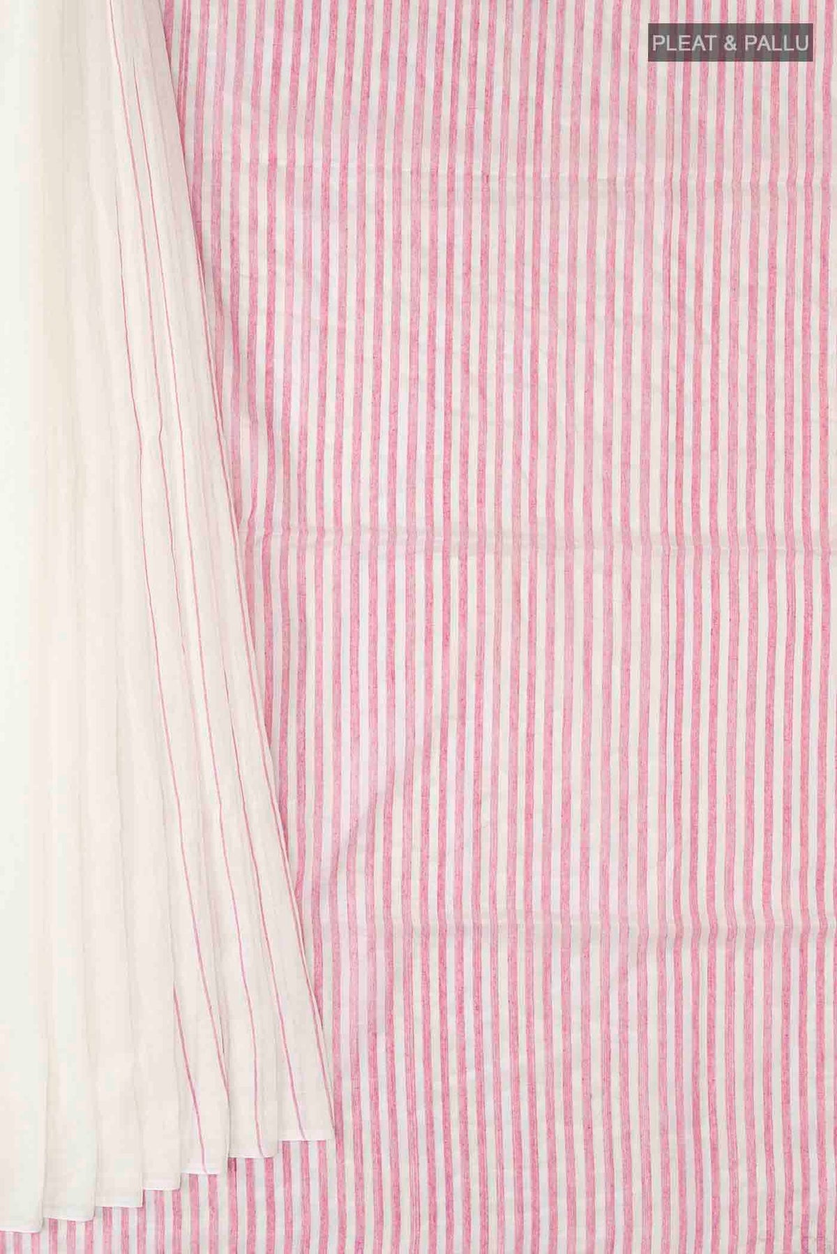 Pleats and pallu of Mogra is designed to feel light and effortless Its muted pastels draw from the soft, fragrant bloom of jasmine, mogra, giving the saree its name Intentional colour-blocking lends it a distinct presence, while contrasting panels shape the pleats and pallu with quiet structure Fine vertical stripes add subtle detail, and silver zari stripes on the pallu offer a gentle, radiant highlight