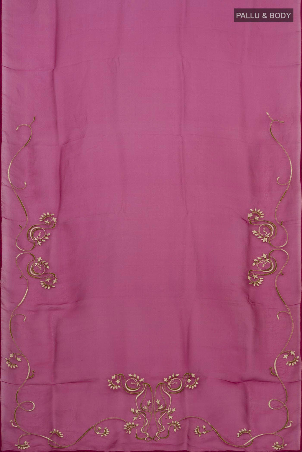 Flat view of Purple Organza Silk Saree with Embroidery on the body and Attached Border
