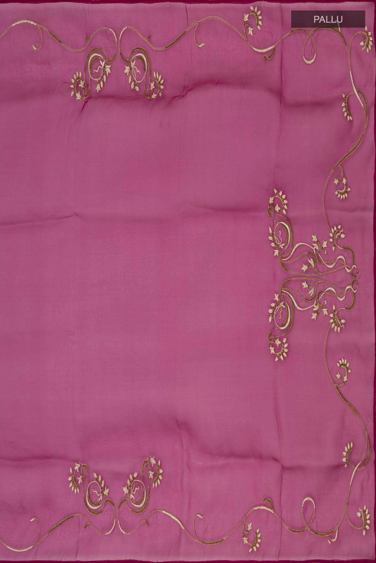 Pleats and pallu of Purple Organza Silk Saree with Embroidery on the body and Attached Border