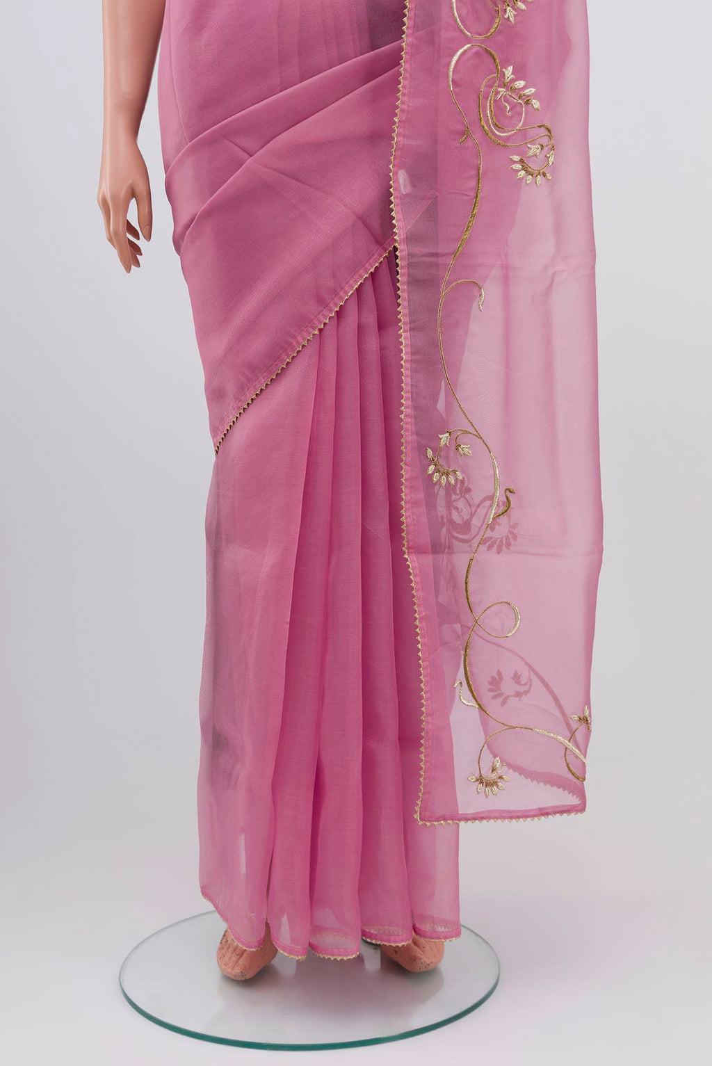 Border image of Rose pink Organza Silk Saree with Embroidery on the body and Attached Border