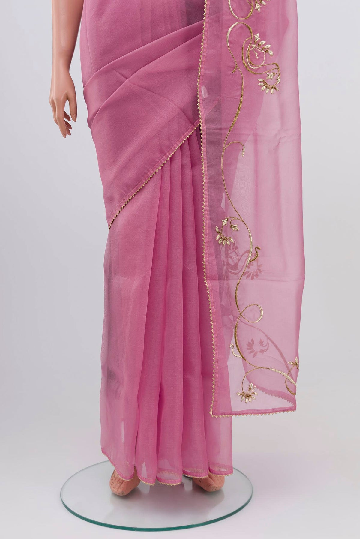 Border image of Rose pink Organza Silk Saree with Embroidery on the body and Attached Border