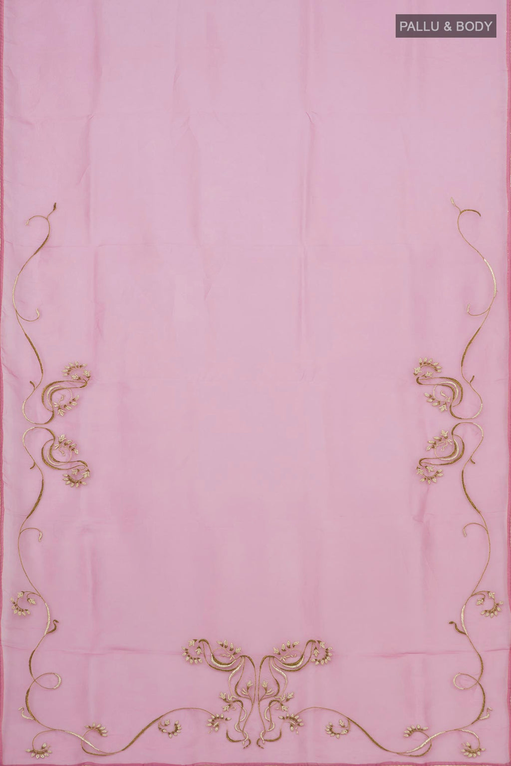 Flat view of Rose pink Organza Silk Saree with Embroidery on the body and Attached Border