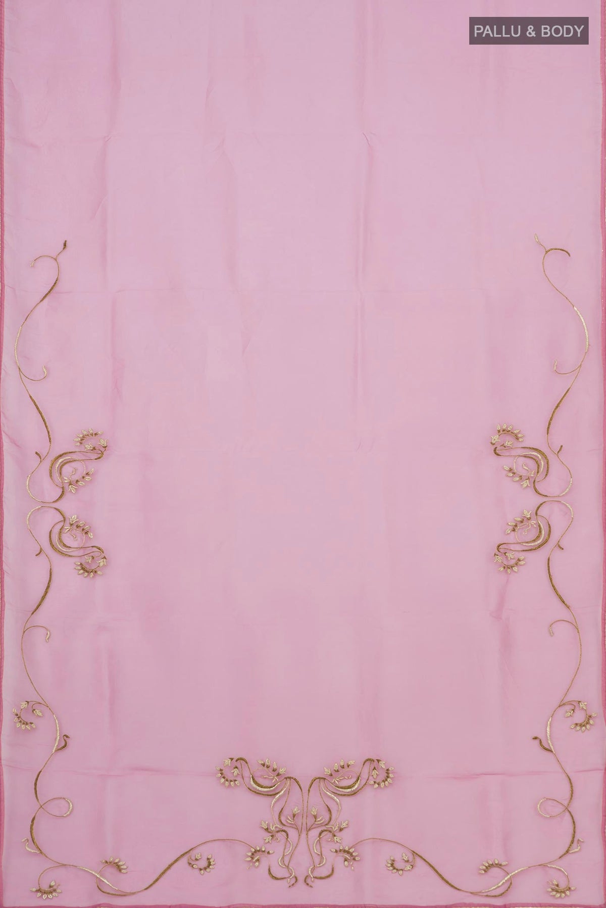 Flat view of Rose pink Organza Silk Saree with Embroidery on the body and Attached Border