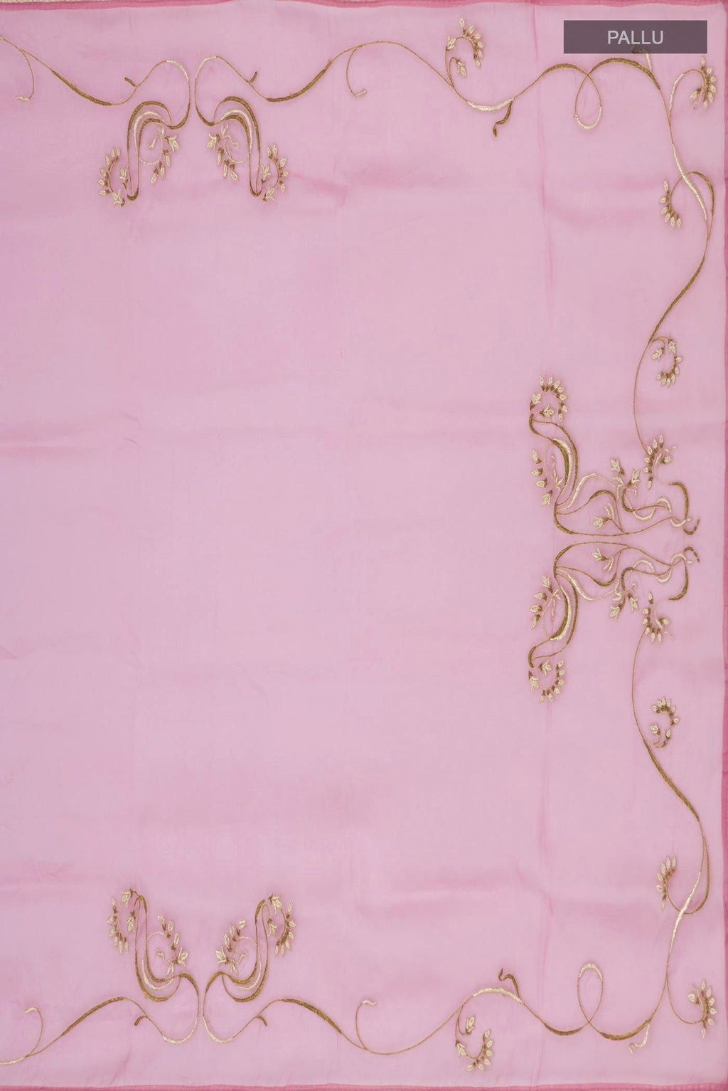Pleats and pallu of Rose pink Organza Silk Saree with Embroidery on the body and Attached Border