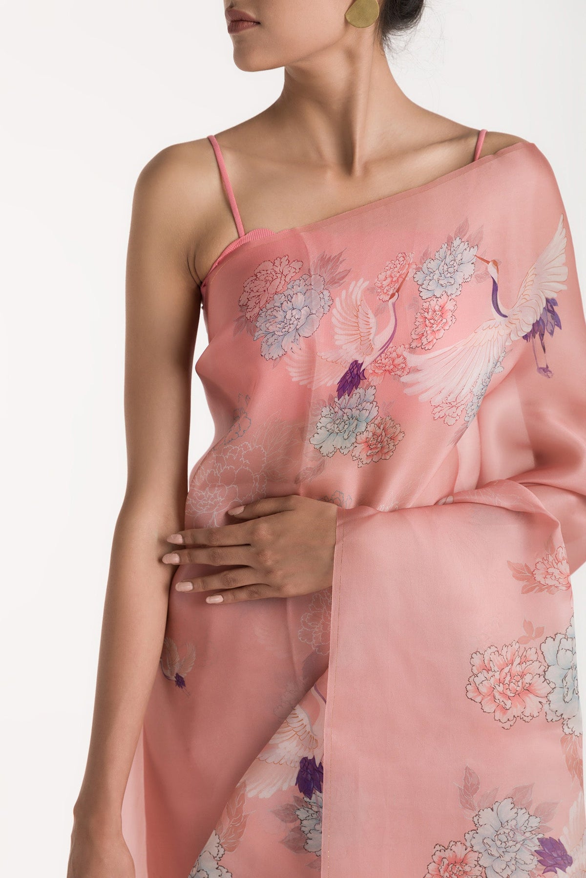 Close up of Pink Satin Organza Saree with Bird Print on the body and Without Border displaying folds