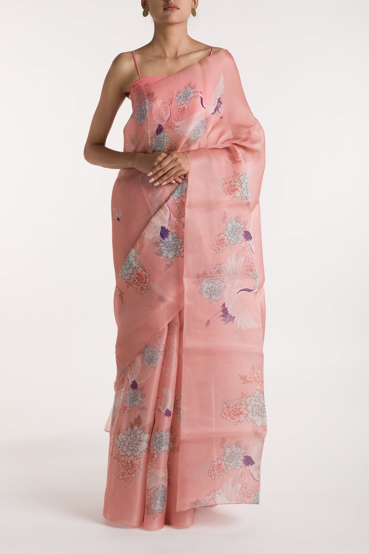 Pink Satin Organza Saree with Bird Print on the body and Without Border displayed on a mannequin