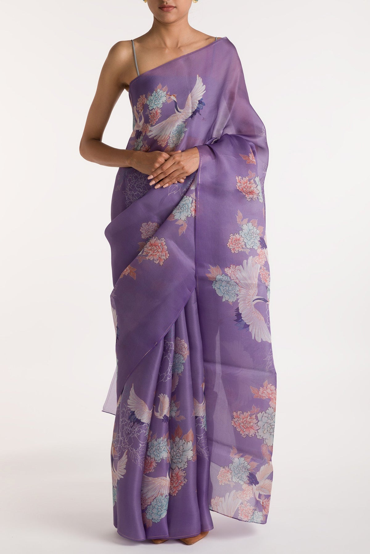 Lilac Satin Organza Saree with Bird Print on the body and Without Border displayed on a mannequin