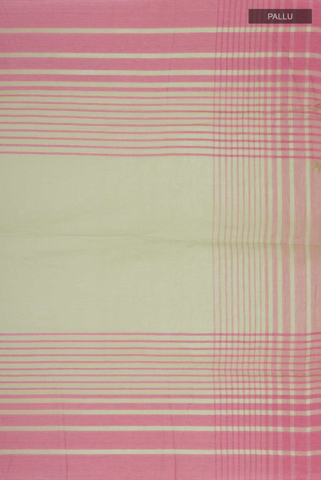 Close up image of the pallu of Titli, framed with proportioned stripes that gradually narrow towards the body, bringing together a vibrant palette in harmony Where the border and pallu stripes meet, tiny checks appear, evoking abstract butterflies - delicate creatures of spring and summer The plain body offers soft contrast, allowing the colours to shine On the pallu, these stripes return as subtle checks, adding a light, balanced finish