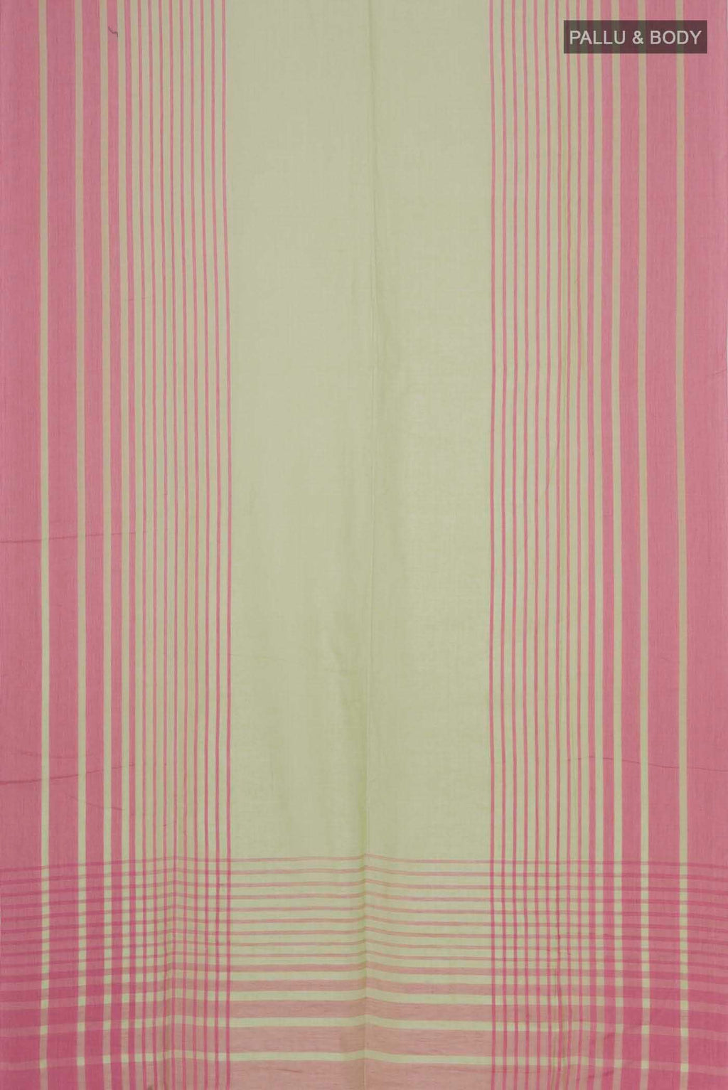 Flat view of Titli, framed with proportioned stripes that gradually narrow towards the body, bringing together a vibrant palette in harmony Where the border and pallu stripes meet, tiny checks appear, evoking abstract butterflies - delicate creatures of spring and summer The plain body offers soft contrast, allowing the colours to shine On the pallu, these stripes return as subtle checks, adding a light, balanced finish