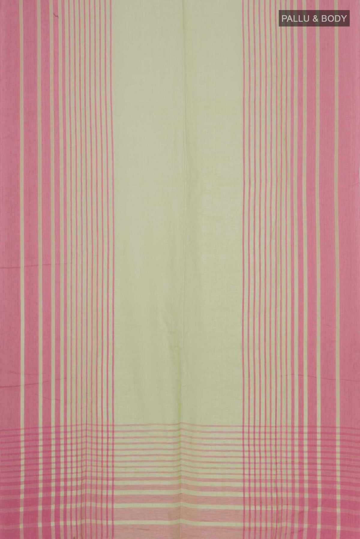Flat view of Titli, framed with proportioned stripes that gradually narrow towards the body, bringing together a vibrant palette in harmony Where the border and pallu stripes meet, tiny checks appear, evoking abstract butterflies - delicate creatures of spring and summer The plain body offers soft contrast, allowing the colours to shine On the pallu, these stripes return as subtle checks, adding a light, balanced finish