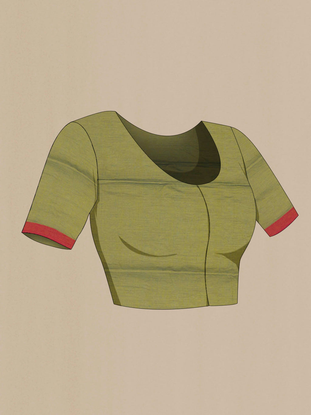 Close up image of the blouse of Chhaya, our Bengal cotton saree, draws inspiration from the clean, modern lines of Piet Mondrian A contrasting band forms the top border, creating a striking visual highlight across the body, while minimal stripes along the base and pallu introduce structure and balance Bold colour blocks reinterpret Chhaya, meaning shadow in Hindi, and the solid pallu completes the look with contemporary ease