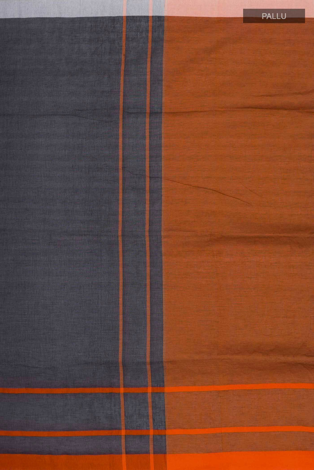 Close up image of the pallu of Chhaya, our Bengal cotton saree, draws inspiration from the clean, modern lines of Piet Mondrian A contrasting band forms the top border, creating a striking visual highlight across the body, while minimal stripes along the base and pallu introduce structure and balance Bold colour blocks reinterpret Chhaya, meaning shadow in Hindi, and the solid pallu completes the look with contemporary ease