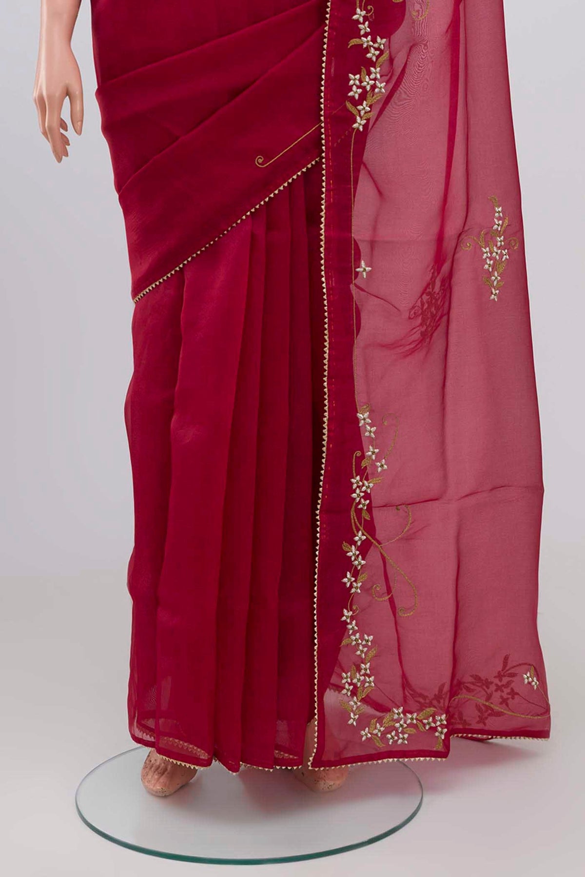 Border image of Maroon Organza Silk Saree with Plain Body and Embroidery Border