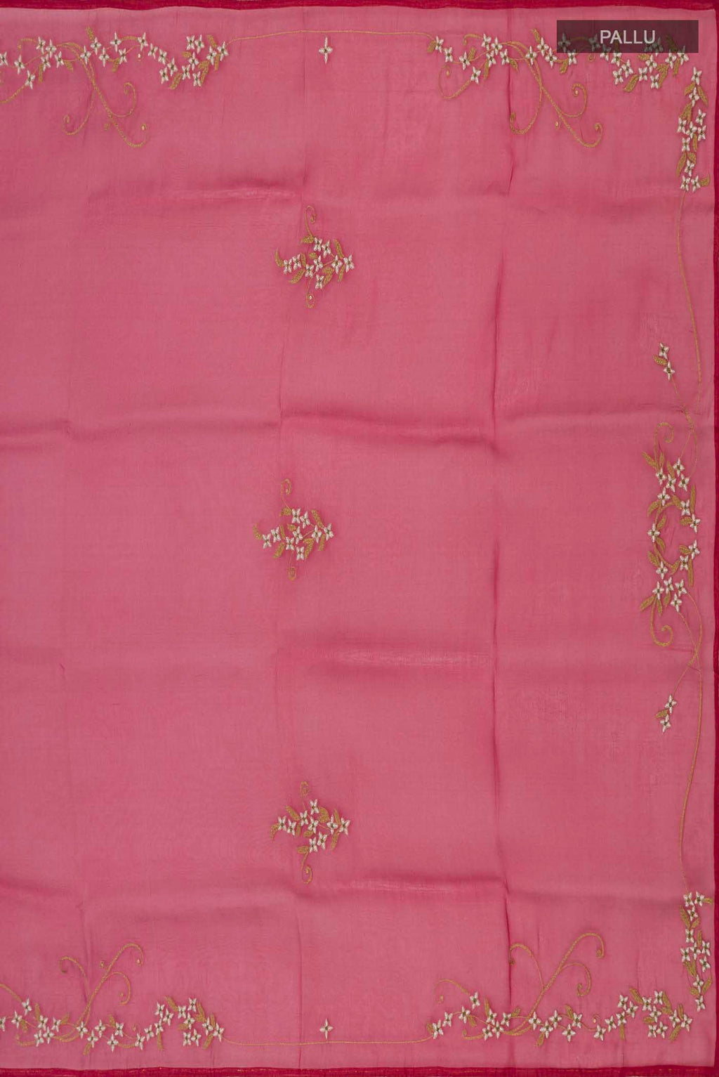 Close up image of the pallu of Maroon Organza Silk Saree with Plain Body and Embroidery Border