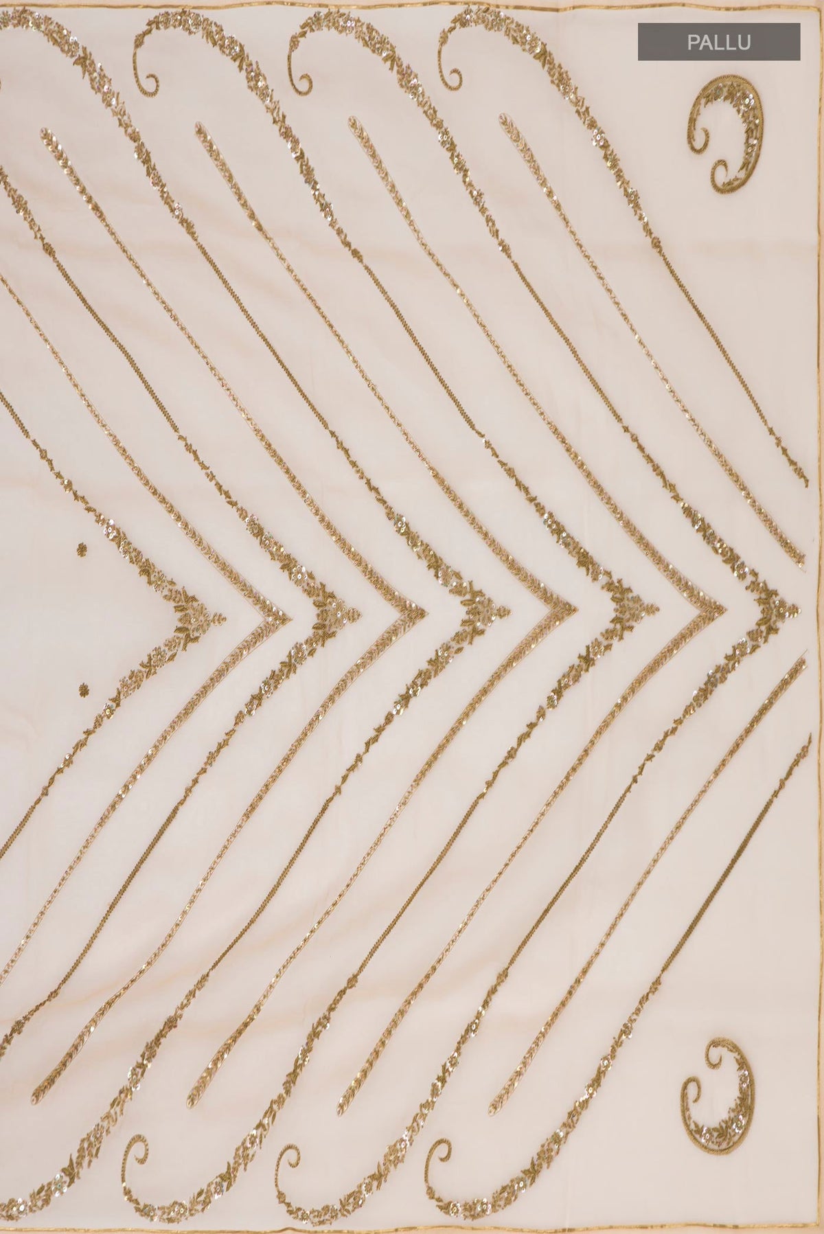 Close up image of the pallu of Beige Organza Silk Saree with Embroidery on the body and Embroidery Border