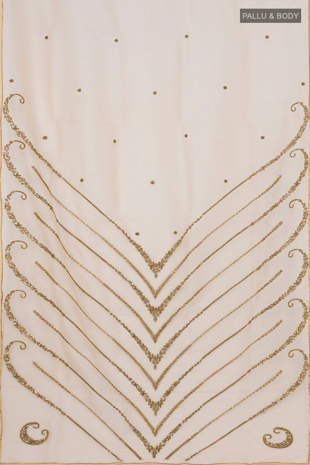 Flat view of Beige Organza Silk Saree with Embroidery on the body and Embroidery Border