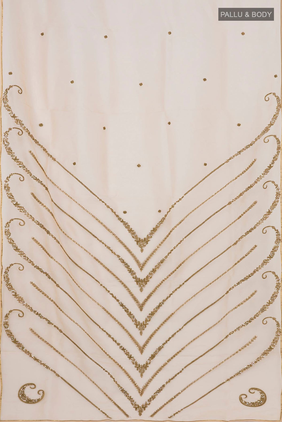 Flat view of Beige Organza Silk Saree with Embroidery on the body and Embroidery Border