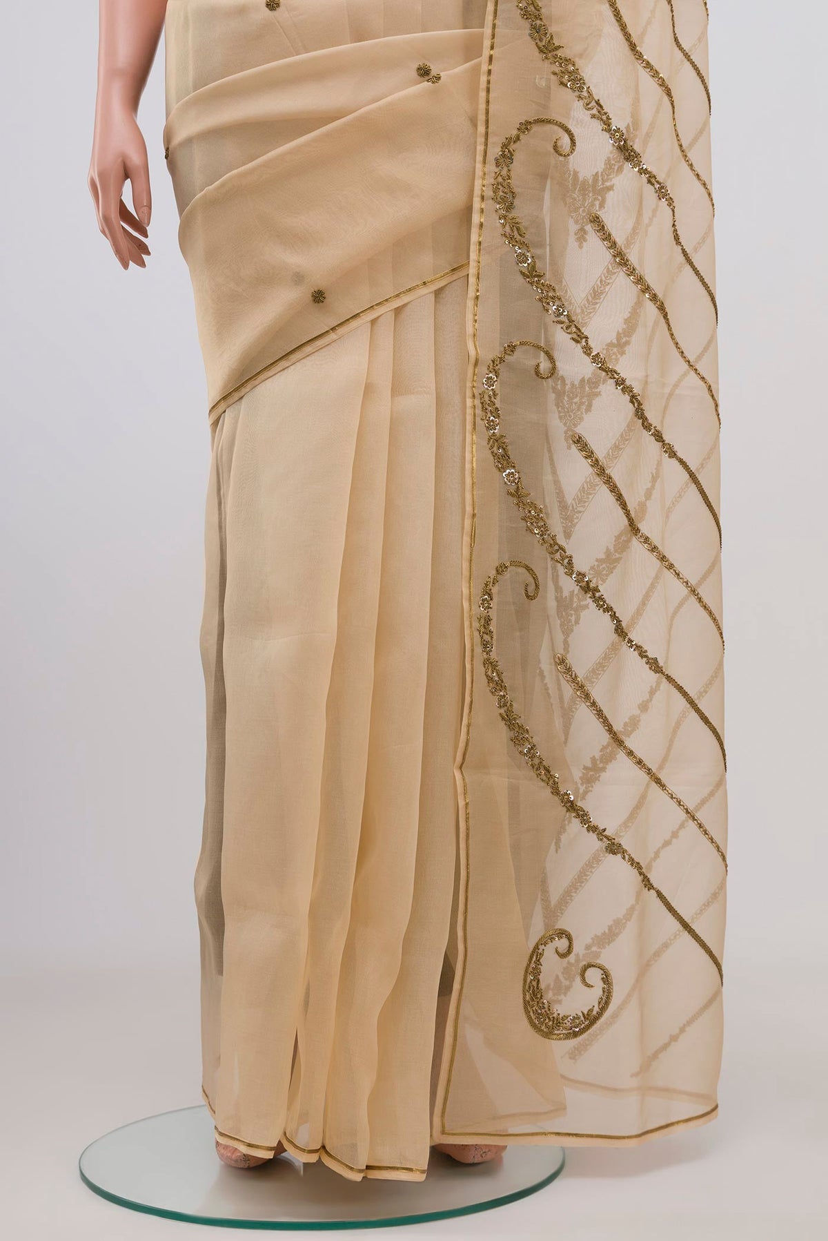 Pleats and pallu of Beige Organza Silk Saree with Embroidery on the body and Embroidery Border
