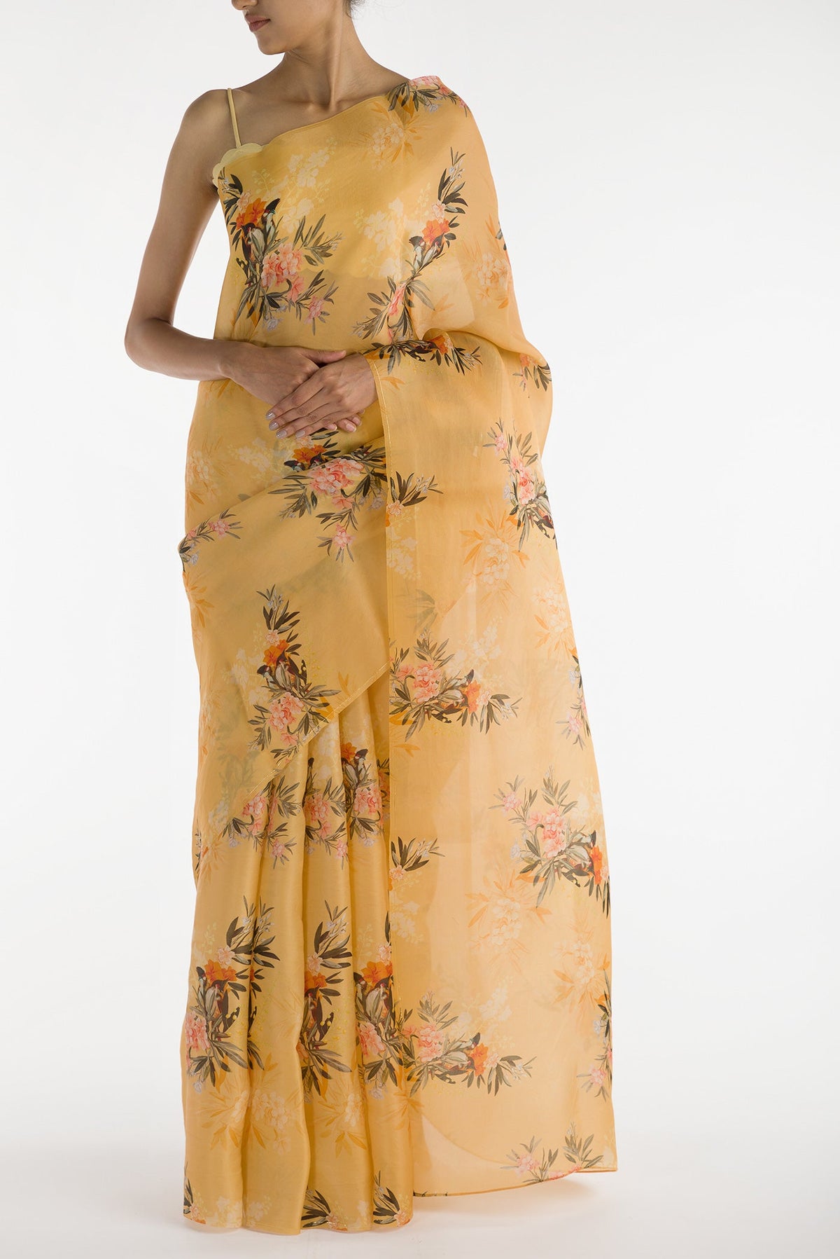 Yellow Satin Organza Saree with Bird Print on the body and Without Border displayed on a mannequin