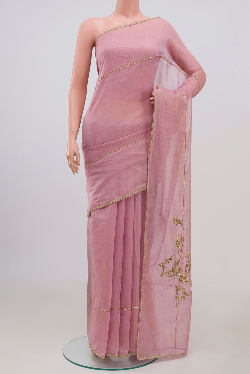 Pink Silk Cotton Saree with Embroidery on the body and Embroidery Border displayed on a mannequin