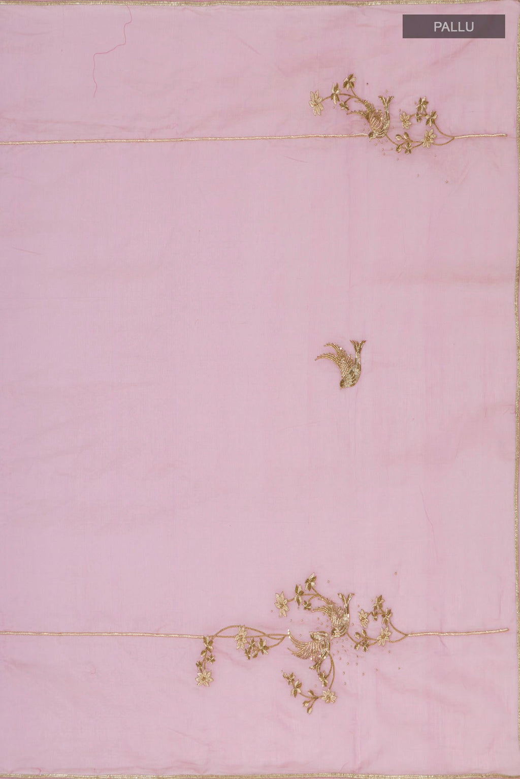 Close up image of the pallu of Pink Silk Cotton Saree with Embroidery on the body and Embroidery Border