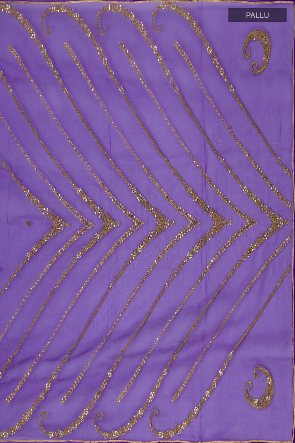 Close up image of the pallu of Violet Organza Silk Saree with Embroidery on the body and Embroidery Border