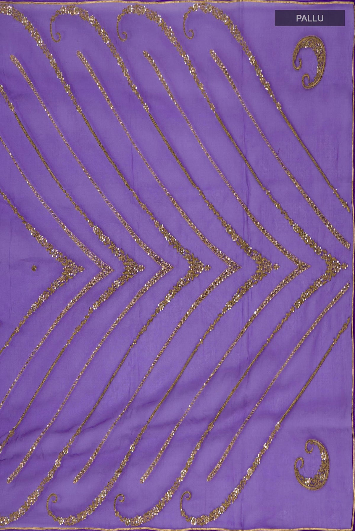 Close up image of the pallu of Violet Organza Silk Saree with Embroidery on the body and Embroidery Border