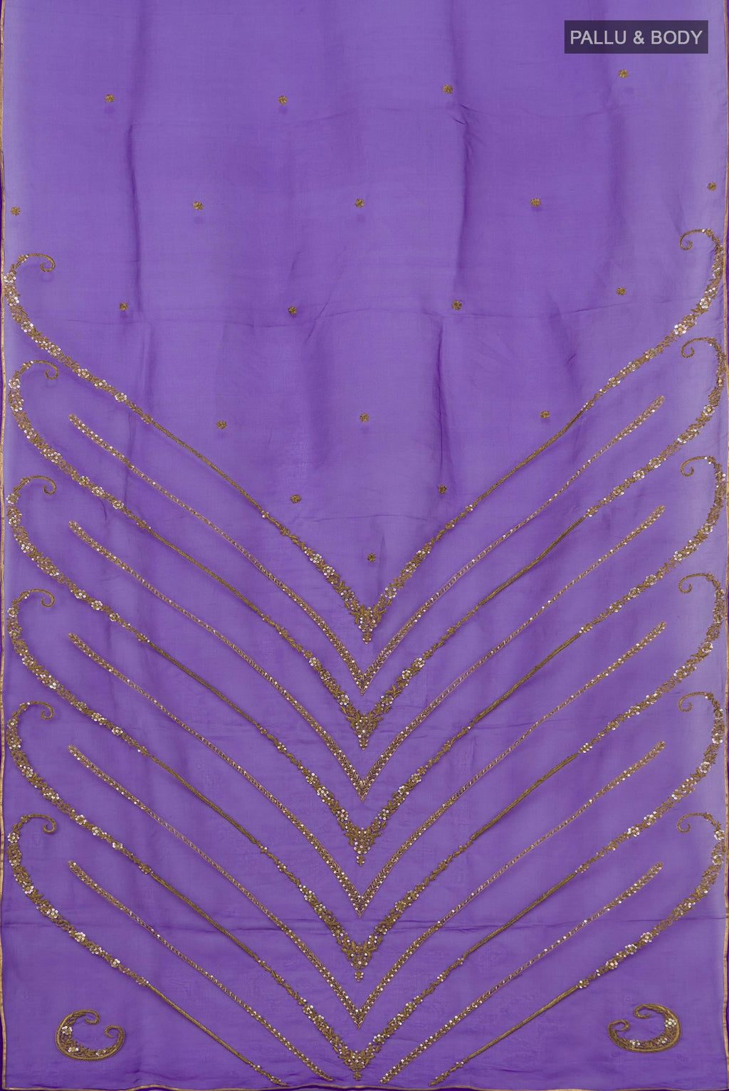 Flat view of Violet Organza Silk Saree with Embroidery on the body and Embroidery Border