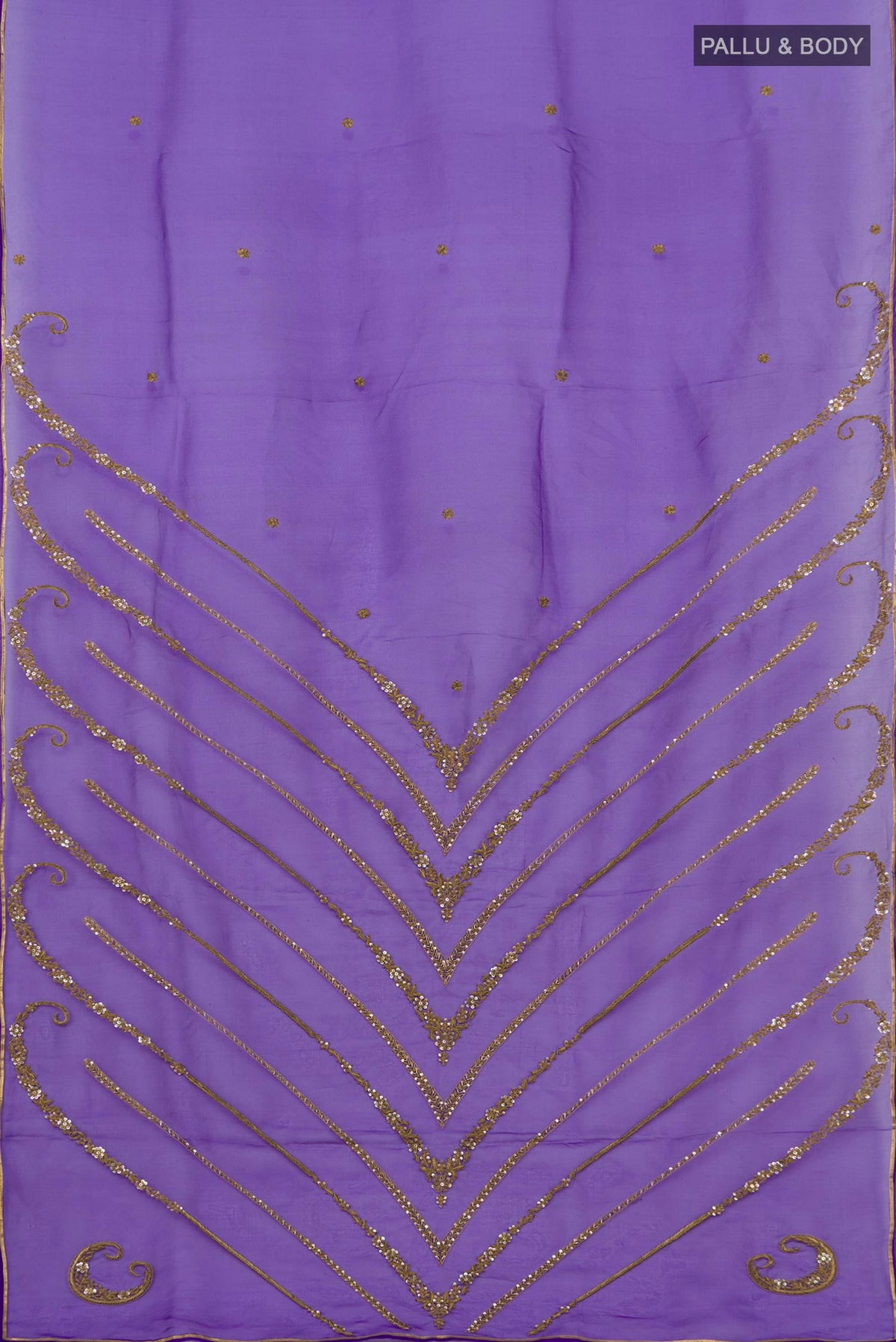 Flat view of Violet Organza Silk Saree with Embroidery on the body and Embroidery Border