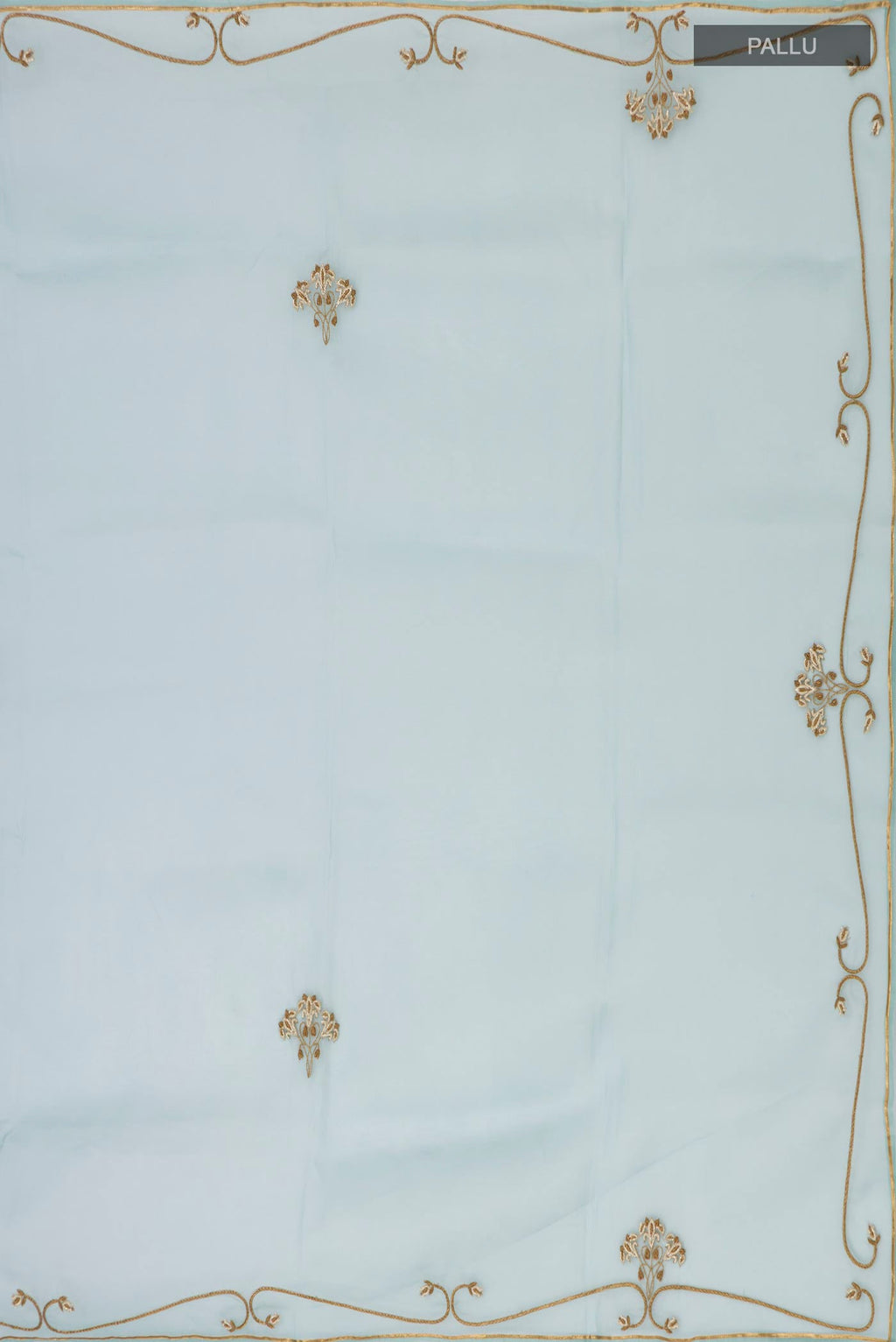 Close up image of the pallu of Green Organza Silk Saree with Embroidery on the body and Embroidery Border