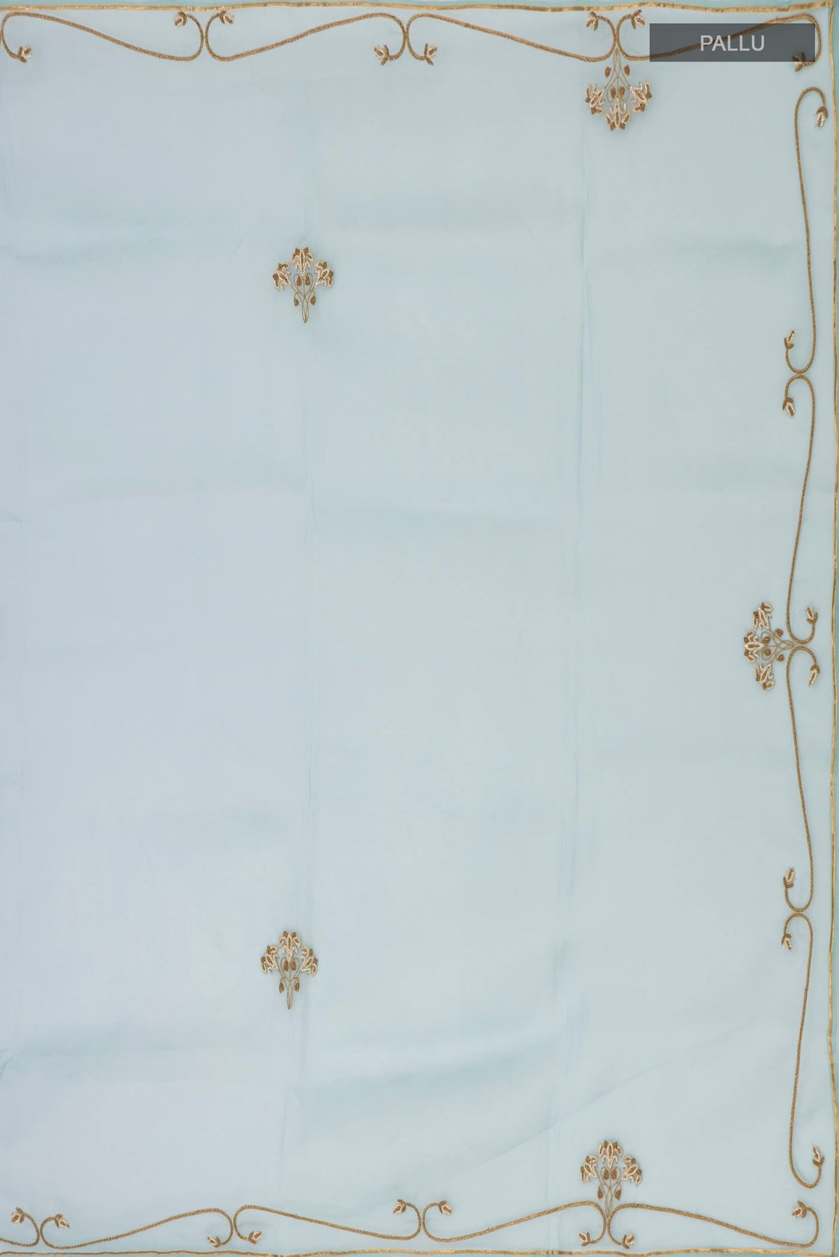 Close up image of the pallu of Green Organza Silk Saree with Embroidery on the body and Embroidery Border