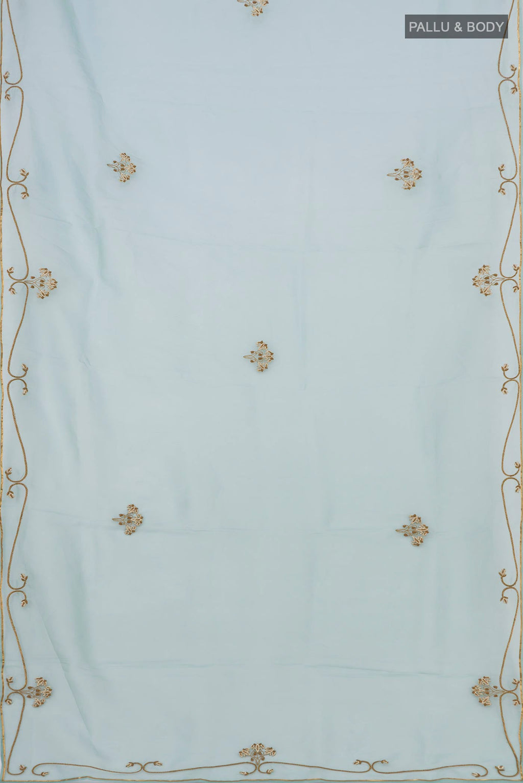 Flat view of Green Organza Silk Saree with Embroidery on the body and Embroidery Border