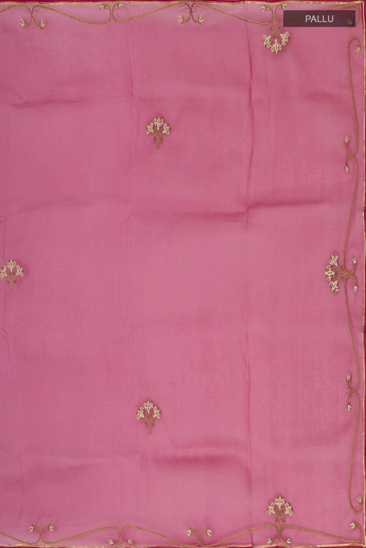Close up image of the pallu of Maroon Organza Silk Saree with Embroidery on the body and Embroidery Border