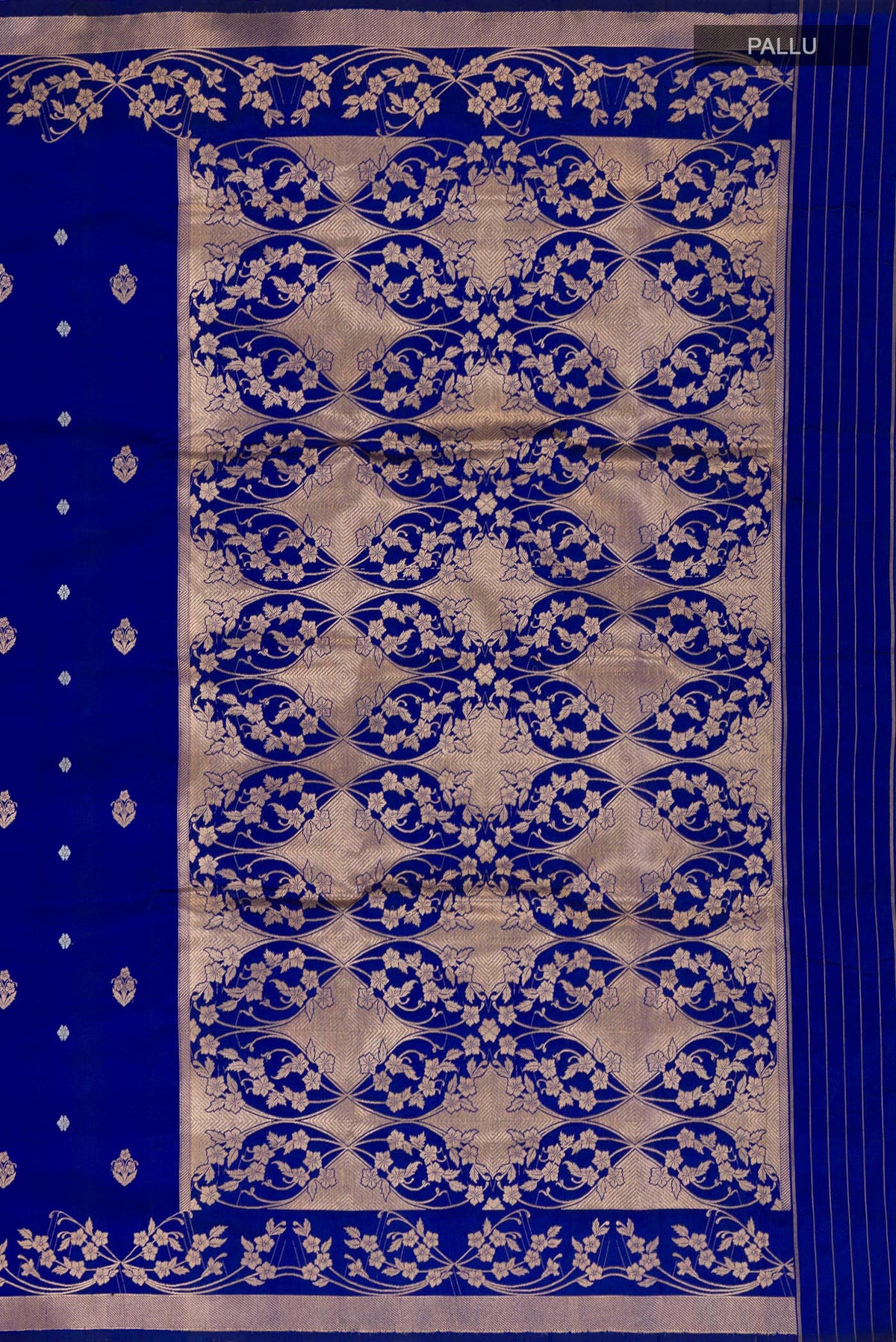 Close up image of the pallu of Royal Blue Banarasi Katan Silk Saree with Zari Butta on the body and Zari Border