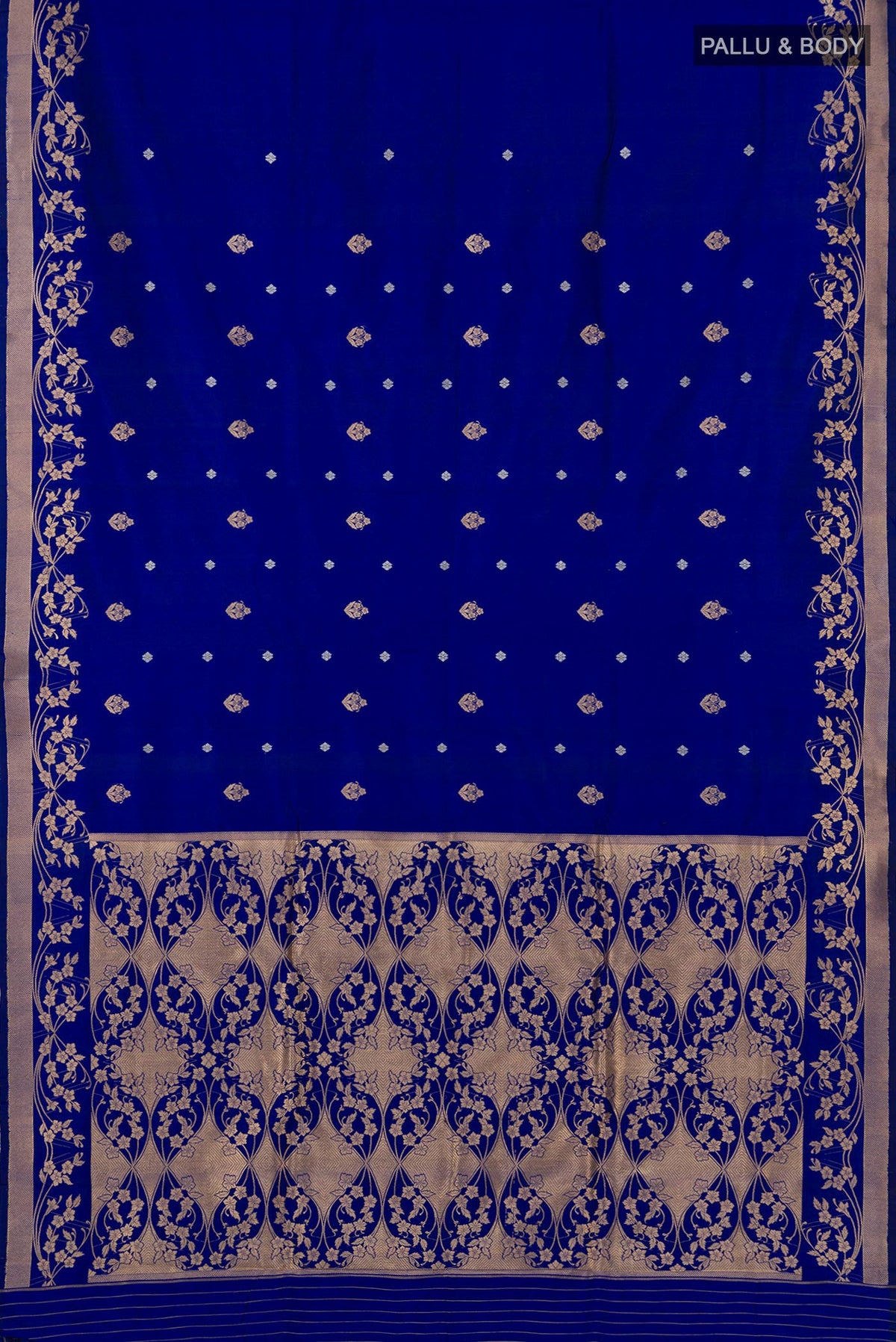 Flat view of Royal Blue Banarasi Katan Silk Saree with Zari Butta on the body and Zari Border