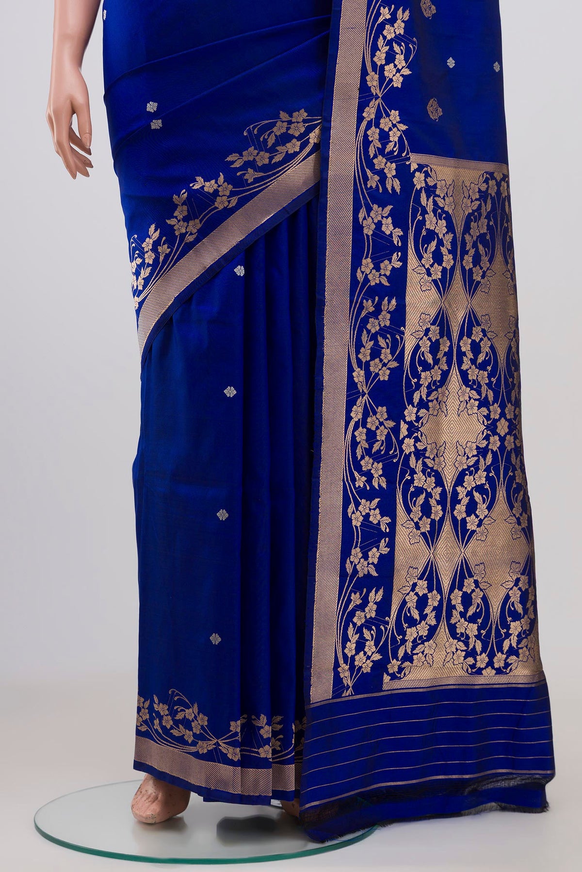 Pleats and pallu of Royal Blue Banarasi Katan Silk Saree with Zari Butta on the body and Zari Border